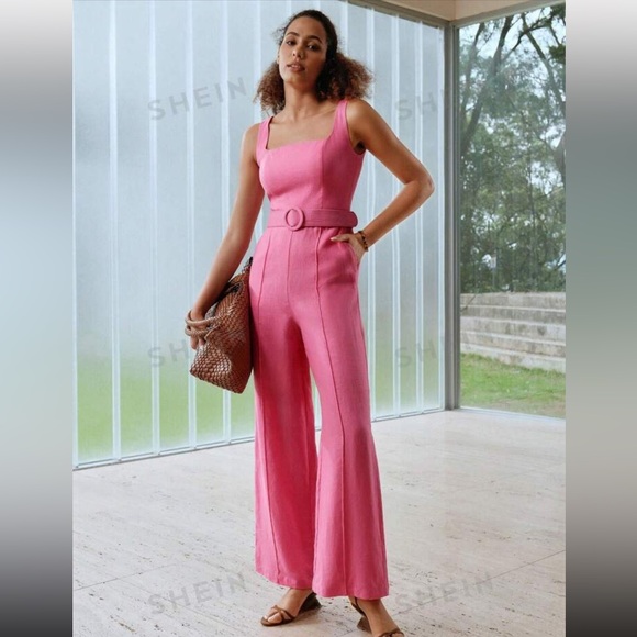 MOTF PREMIUM PURE LINEN SOLID COLOR SQUARE NECKLINE BELTED SLEEVELESS JUMPSUIT - Picture 1 of 5